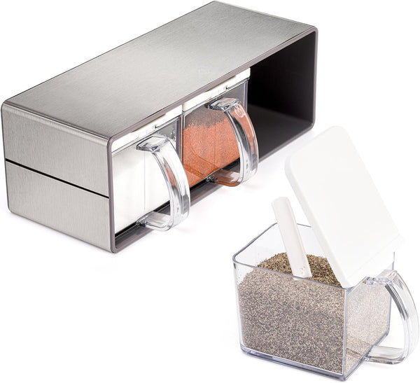 ZENFUN 3 Grids Seasoning Organizer Box, Stainless Steel Salt Container with Lid