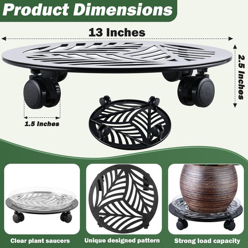 1 Packs 13" Large Metal Plant Caddy with PU Wheels Heavy-Duty Wrought Iron Rolling Plant Stands Indoor Outdoor Wheeled