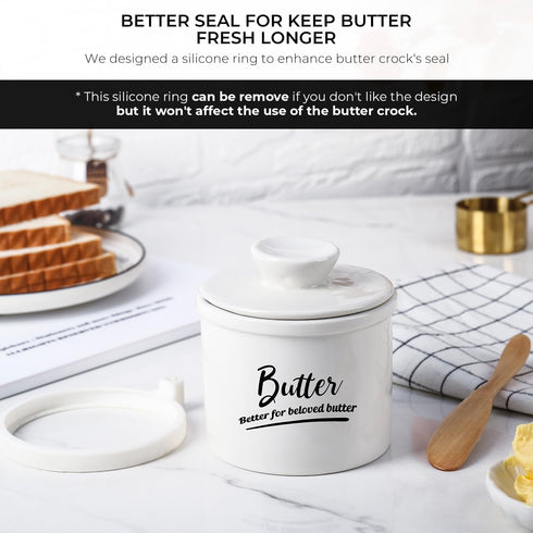 Butter Crock French Butter Dish with Lid and Knife for Countertop - Keeps Butter Soft and Fresh for 2-5 Weeks, White