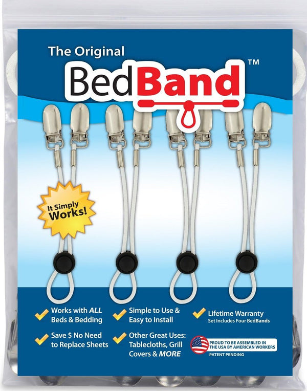 White Bed Sheet Holder, Gripper, Suspender and Strap - 100% USA Worker Assembled, Smooth Sheets, Sleep Better