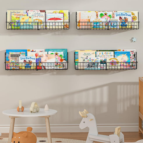 X-cosrack 24 Inch Set 4 Wall Mounted Kids Bookshelf, Floating Metal Book Shelves for Kids Nursery Toddler Classroom
