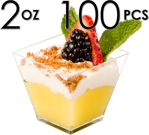 DLux 100 x 2oz Clear Plastic Mini Dessert Cups, Small Reusable Serving Bowl for Tasting Party Desserts with Recipe Ebook