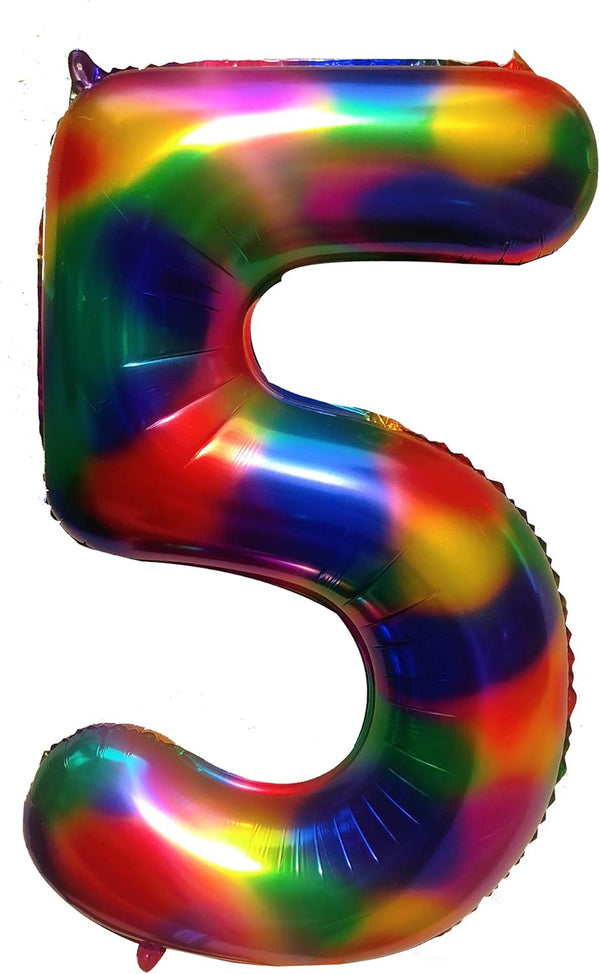 Rainbow Balloon Number 5, 40 Inch Mylar Balloons for Birthdays, Tie Dye Party Supplies, Large Colorful Decorations