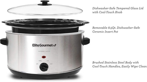 Elite Gourmet Stainless Steel Slow Cooker, 8.5 Quart, Dishwasher-Safe with Tempered Glass Lid
