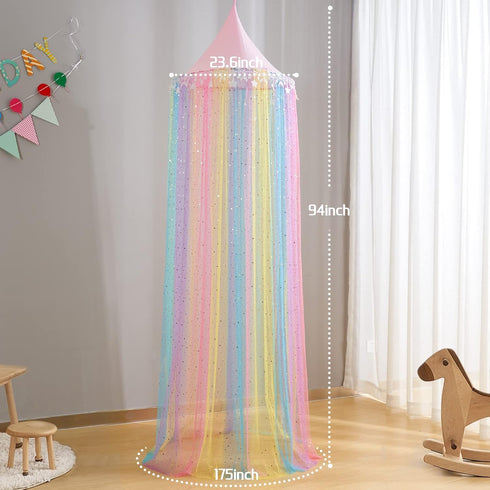 Rainbow Bed Canopy for Girls,Shiny Kids Princess Round Dome Bed Curtain with Star Moon Glitter,Kids Crib Canopy Play