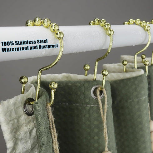 Shower Curtain Hooks Rings for Bathroom, 12PCS Stainless Steel Metal Rust Resistant Double Curtain Hooks (Gold)