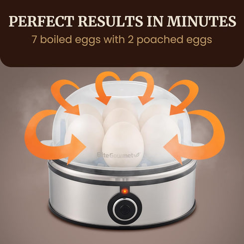 EGC855SS 7-Egg Elite Gourmet Easy Egg Cooker, Capacity, Soft, Medium, Hard-Boiled, Omelets, Poached Eggs, Plays Melody