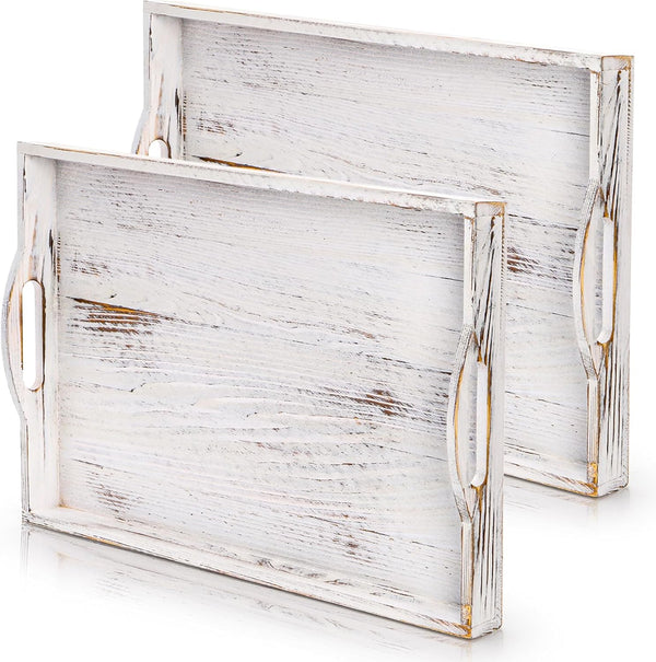 DEAYOU 2 Pack Wood Serving Tray, 16.5" Ottoman Wooden Trays for Coffee