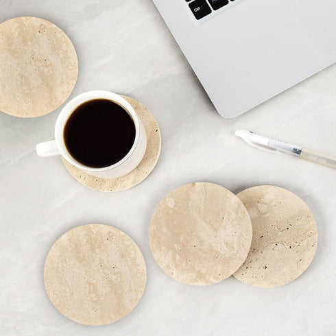 YONGHEE Set 5 Italian Travertine Coasters of with Holder, Round Beige Marble Drink Coasters for Coffee Table Decor