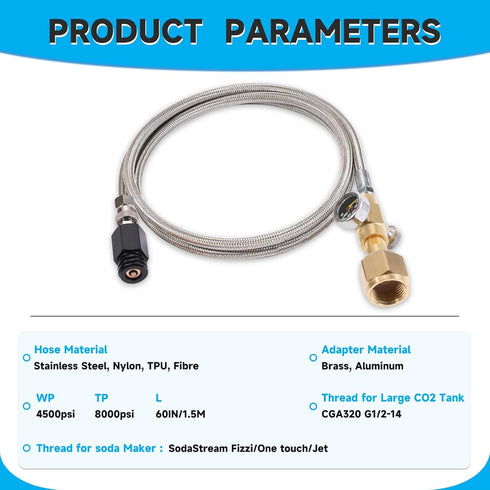 CO2 Tank CO2 Cylinder Direct Adapter with 60in Stainless Steel Hose, Pressure Gauge & Exhaust Valve for Soda Maker