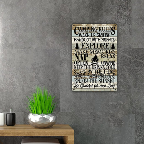 QIONGQI Funny Camping Rules Metal Tin Sign, Rustic Wall Decor for Home Camper Room Decor Gifts