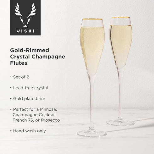 Viski Gold-Rimmed Crystal Champagne Flutes, Stemmed Wine Martini Glass Set, Housewarming Wedding Wine Gift - Set of 2,