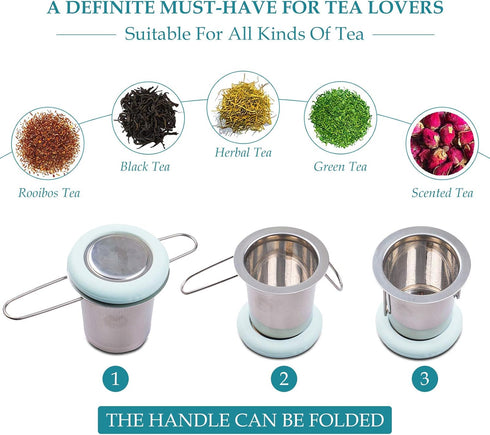 Fenshine Stainless Steel Tea Infuser, Folding Handle Extra Fine Mesh Strainer for Loose Leaf Tea (Light Blue)