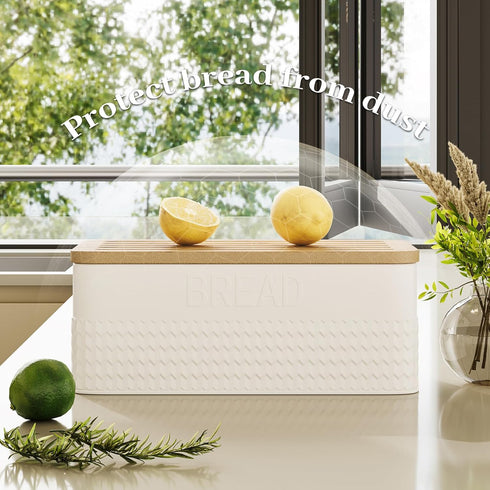 AUGOHCMIL Countertop Bread Box for Kitchen - Metal Bread Storage with Bamboo Cutting Board Lid & Bread Knife, Corner