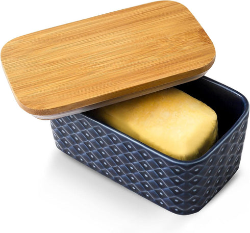 Hasense Large Ceramic Butter Dish with Lid, Navy Blue Embossed Pattern, Airtight Butter Keeper for Countertop, Easy