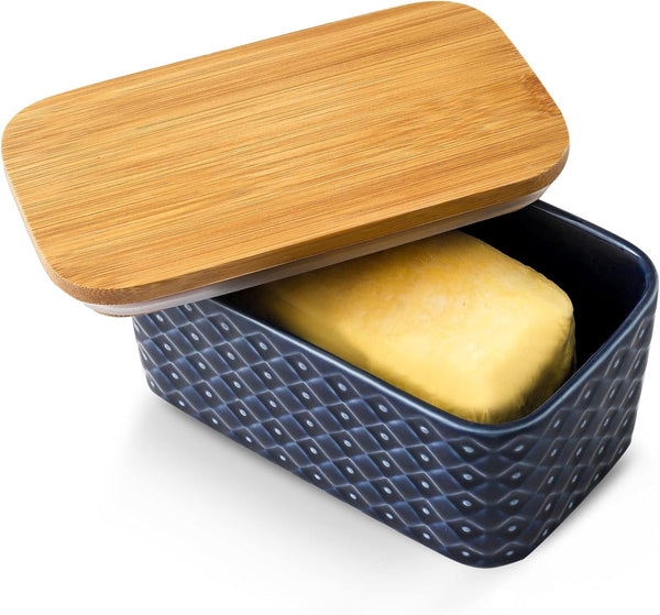 Hasense Large Ceramic Butter Dish with Lid, Navy Blue Embossed Pattern, Airtight Butter Keeper for Countertop, Easy