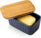 Hasense Large Ceramic Butter Dish with Lid, Navy Blue Embossed Pattern, Airtight Butter Keeper for Countertop, Easy