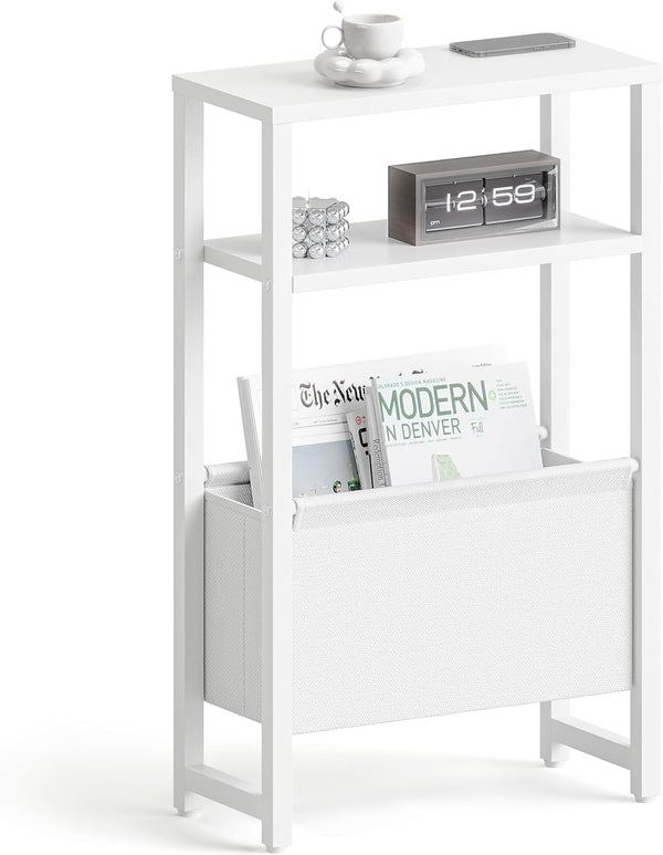 Narrow Side Table, Slim End Table with Magazine Rack, Bedside Table for