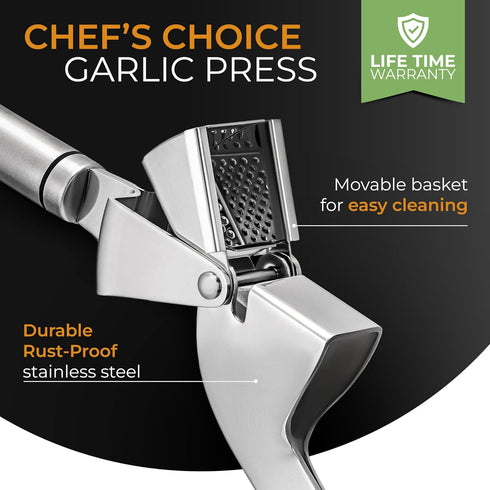 Set ORBLUE Garlic Press Stainless Steel - Premium Professional Grade Garlic Mincer, Crusher & Peeler - Easy Clean