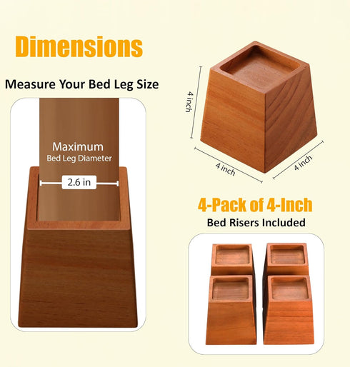 Premium Pine Wood 4-Inch Furniture Risers, Heavy-Duty, 2000 Lb Capacity, Floor Protectors for Beds, Sofas