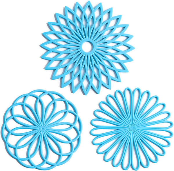 Set of 3 Silicone Trivet Mats, Non-Slip & Heat Resistant Hot Pads for Table & Countertop, Sky Blue