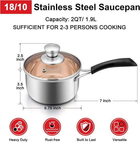 Joyfair 2 Quart Stainless Steel Saucepan with Glass Lid, Heavy Gauge Metal for Cooking, Boiling, Stewing