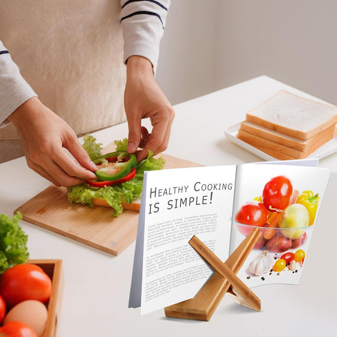 Bamboo Cookbook Stand for Kitchen, Rustic Wooden Recipe Book Holder for Kitchen Counter (Natural Yellow)