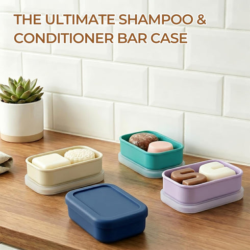 2 Sets, 1 Pack, AIMAIAIMAI Enhanced Leak Proof Travel Soap Case with Draining Pad, Silicone Shampoo Bar Travel Case