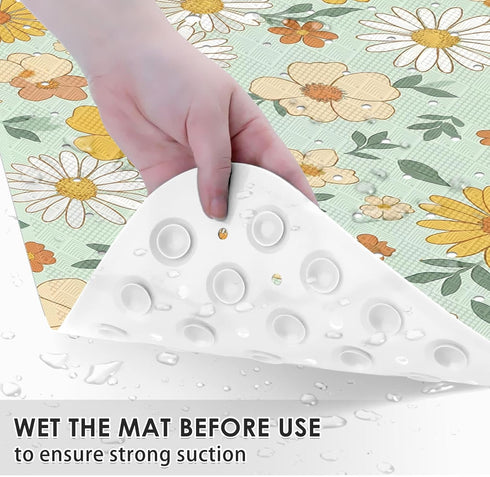Culudea 40X16 Inch Daisy Retro Floral Bathtub Shower Mat Sage Boho Non-Slip Tub Extra Long Bath Floor Machine Washable