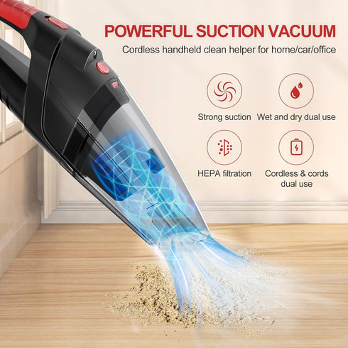 Handheld Vacuum Cleaner, Wet/Dry Cordless, 6.5KPA, Rechargeable Portable Hand Vacuum for Home & Car