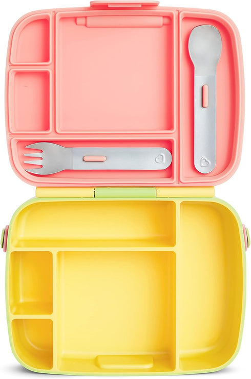 Munchkin Lunch Bento Box for Kids - Includes Stainless Steel Utensils, BPA-Free, Pink/Green/Yellow, 18 Months and Up
