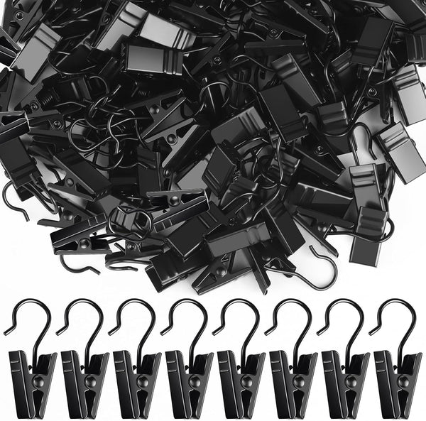 Teenitor 100 Pack Small Curtain Clips for Outdoor String Lights, Stainless Steel Hooks for Hanging Drapes, Black