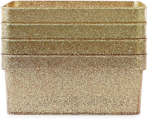 Isaac Jacobs Small Glitter Storage Bin (10” x 7.5” x 4.25”), Set with Cut-Out Handles, Multi-Functional Organizer, Gold
