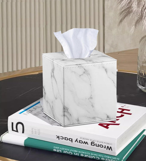 Square Tissue Box Cover, Cut Leather Cube Holder for Modern Facial Paper Organizer, Bathroom, Office Decor