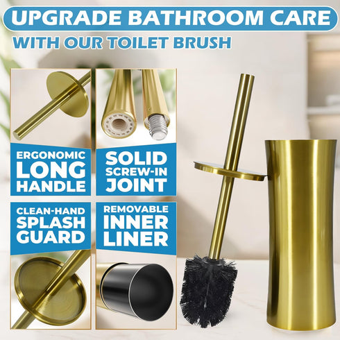 Stainless Steel Toilet Brush and Holder, Golden Toilet Cleaner Brush, Toilet Bowl Brush and Holder for Bathroom Storage