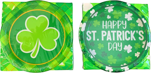 St Patrick's Day Paper Plates and Napkins | Green Shamrock Print Tableware | Bulk Disposable Party Supplies