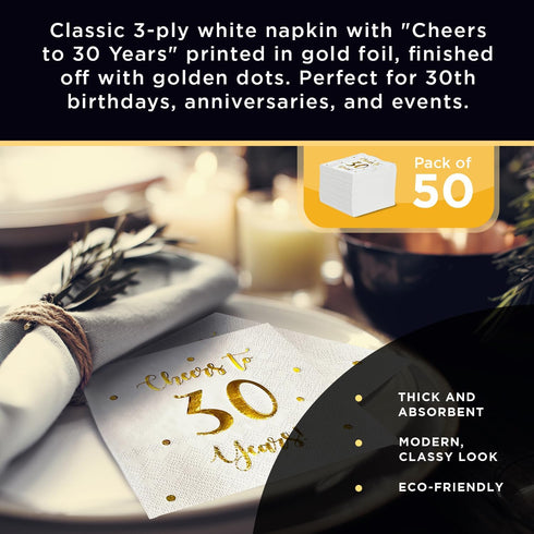 Cheers to 30 Years Cocktail Napkins, Happy 30th Birthday Decorations, 50-Pack