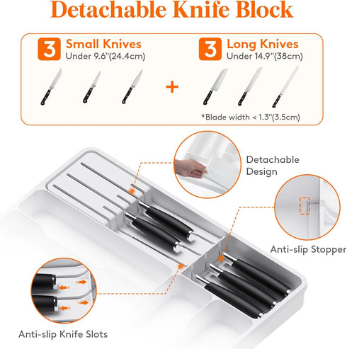 Lifewit Silverware Organizer for Kitchen Drawers, Expandable Utensil Tray with Removable Knife Block, Large, White