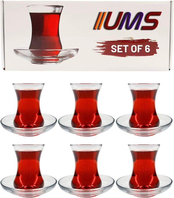 ums Turkish Tea Glass Set, Slim Waist Design, 12 Pieces for 6 People, Includes Glasses & Saucers