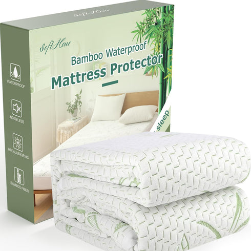 Full Waterproof Mattress Protector, Soft Breathable Cooling Rayon Bamboo Mattress Pad Cover, Fits 21” Deep Pocket