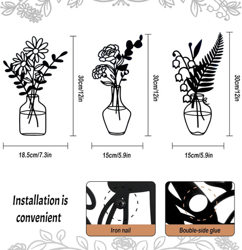 Zzbakress 3 Pcs Black Metal Flowers and Vases Wall Decoration - Minimalist Art Wall Sculpture for Living Room