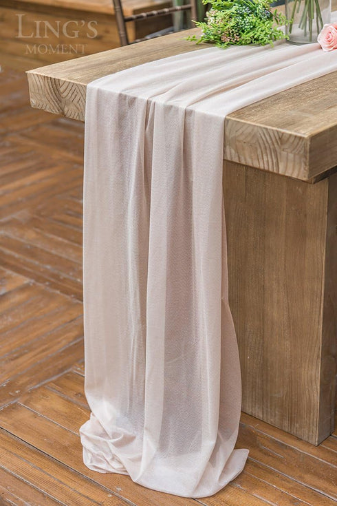 Ling's Moment 10Ft Nude Sheer Chiffon Table Runner with Silver Sparkle for Elegant Wedding, Rustic Boho Party