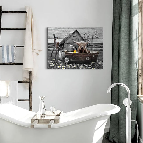 Farmhouse Bathroom Decor Wall Art, Funny Highland Cow in Bathtub, Rustic 12"x16" Framed Bathroom Cow Painting