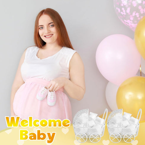 Threehoney 24 Pcs Baby Shower Mini Carriage Decoration White Goose Color Metal Wired Fillable Candy Stroller Baby