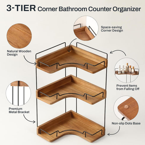 Snuvid 3-Tier Counter Countertop Bathroom Organizer, Wooden Corner Shelf for Vanity Skincare & Makeup, Storage
