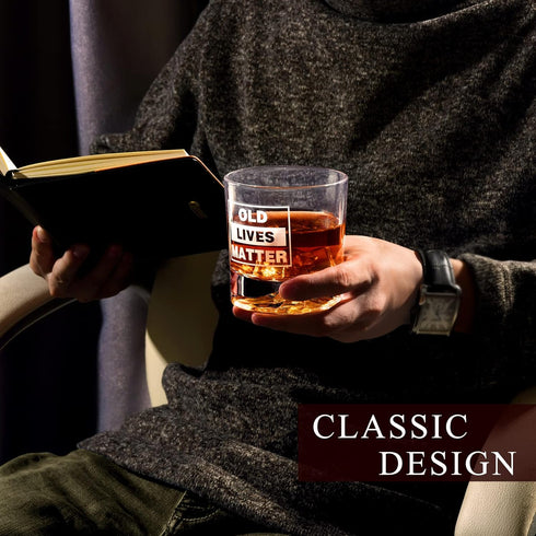 OLD LIVES MATTER Whiskey Glass, Funny Gag Gift for Men Dad, Unique Presents for Fathers Day Christmas Birthday