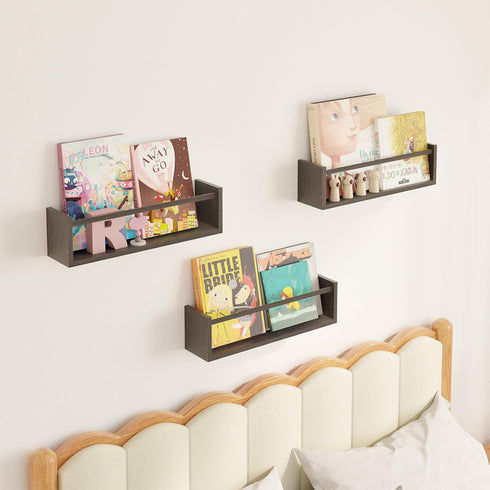 Fixwal Nursery Book Shelves, Set of 3 Floating Bookshelves for Wall, Solid Wood Wall Mounted Storage (Brown)