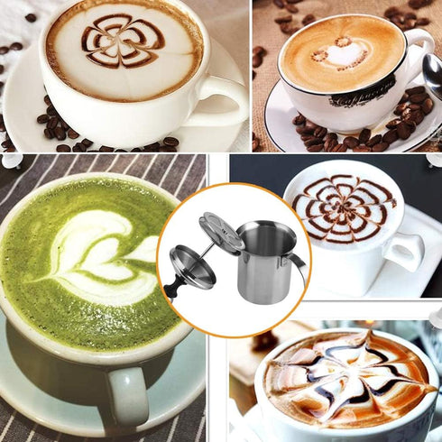 Manual Milk Creamer Frother, Stainless Steel Hand Pump Double Mesh Blender for Coffee Foamer, 400ML