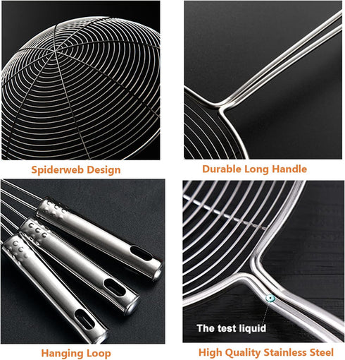 Spider Strainer Skimmer Spoon, Set of 3 Sizes, Stainless Steel Fryer Scoop, Wire Strainer Ladle for Cooking