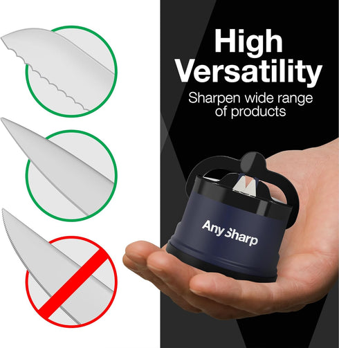 AnySharp Knife Sharpener, Hands-Free Safety, PowerGrip Suction, Compact for All Kitchen Knives, Navy Blue